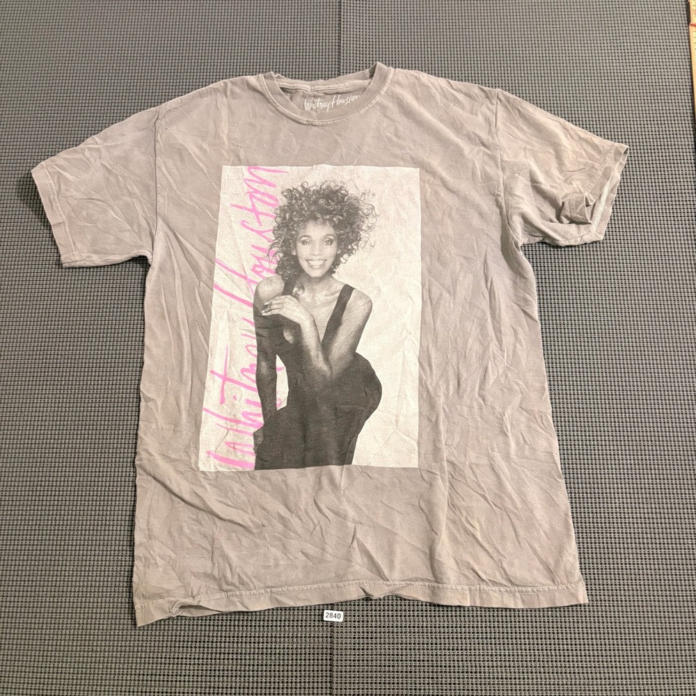 Whitney Houston Graphic T-Shirt Gray Pink Script Size S/M
